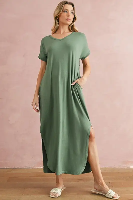 V Neck Hidden Pocket Splits Maxi T-shirt Dress