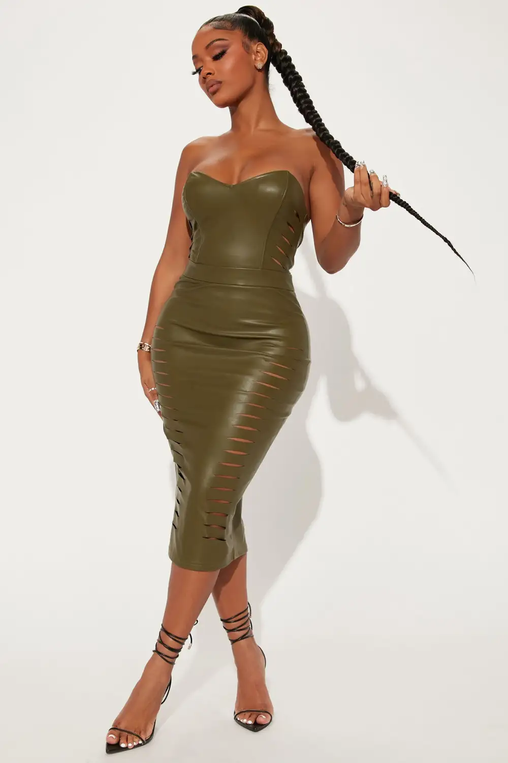 She's A Baddie Faux Leather Midi Dress - Olive