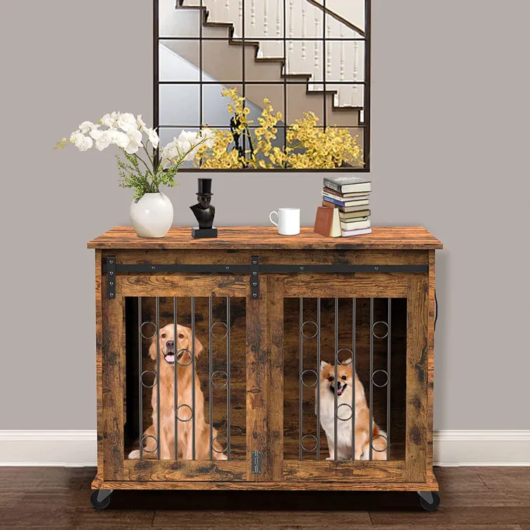 Dog Crate Furniture With Divider For 2 Small To Medium Pets, Wooden Cage End Table, Heavy Duty Indoor Puppy Kennel With Removable Divider And Sliding Door, 39.37'w*25.2'd*28.94'h