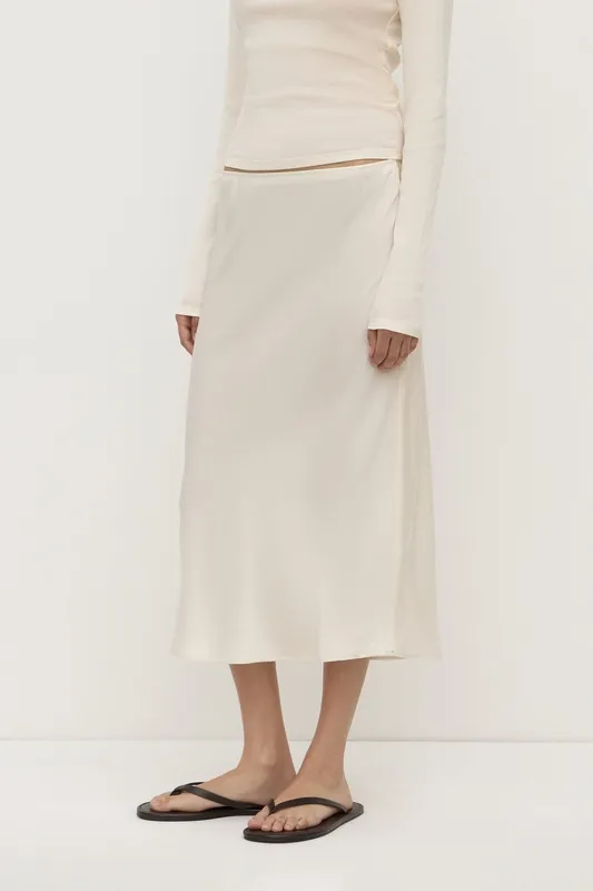 Cream Bias-Cut Silk Midi Skirt