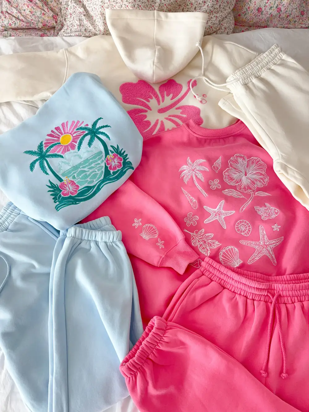 Icy Hibiscus Flower Beach Babe Embroider Hoodie