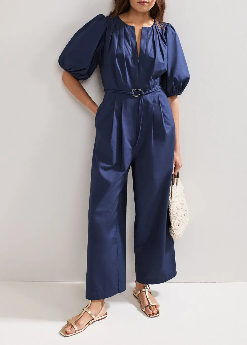 Casual And Versatile Navy Blue Puff Sleeve Women's Jumpsuit