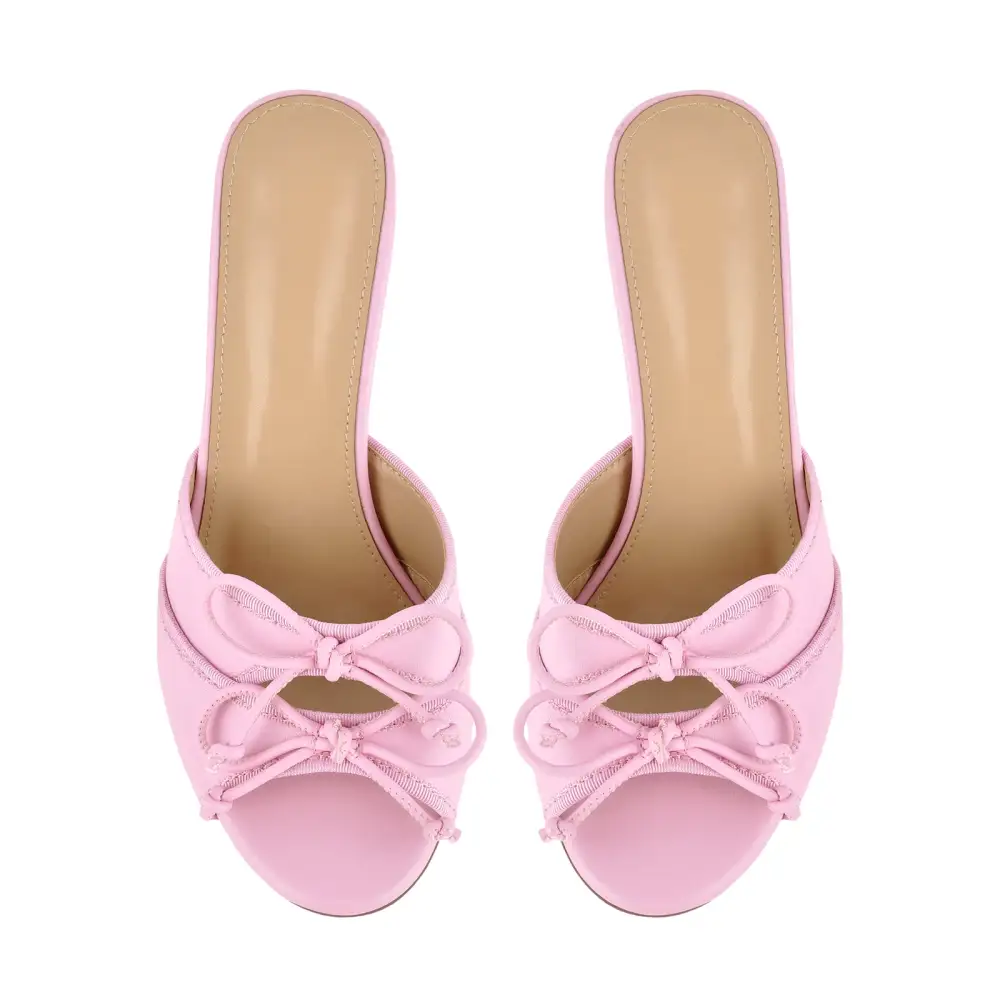 Round Toe Double Bow Tapered Heel Mule Sandals