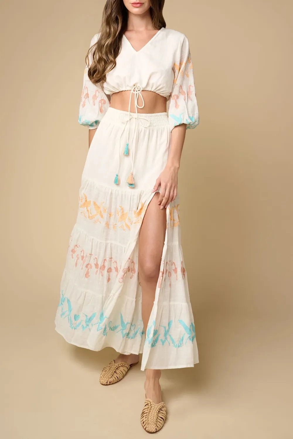 White And Pastel Colored Embroidered Crop Top