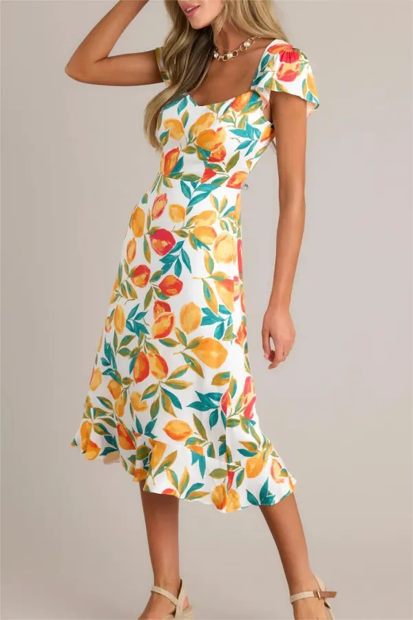 SUNSHINE & BLISS IVORY MULTI CITRUS PRINT MIDI DRESS