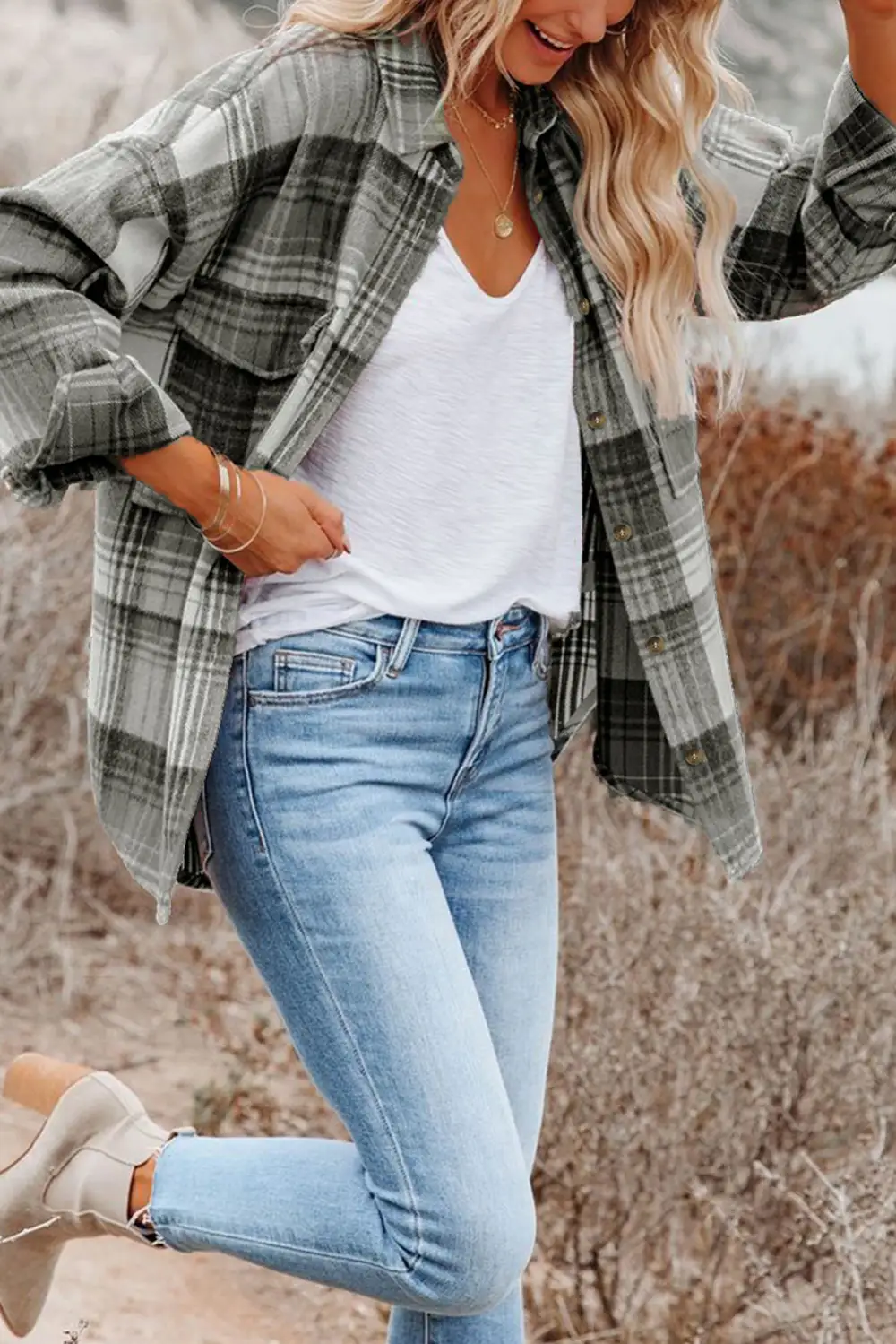 Textured Plaid Pocket Flap Pocket Shacket