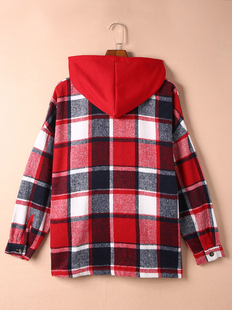 Fiery Red Hooded Plaid Button Front Shacket