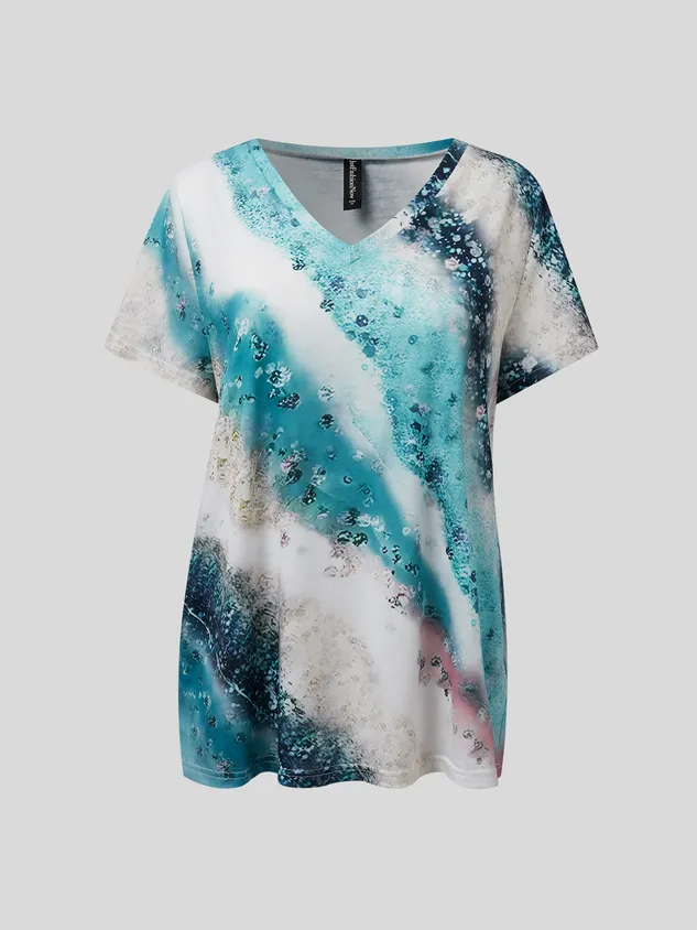 Abstract Print V Neck Casual Short Sleeve T-Shirt