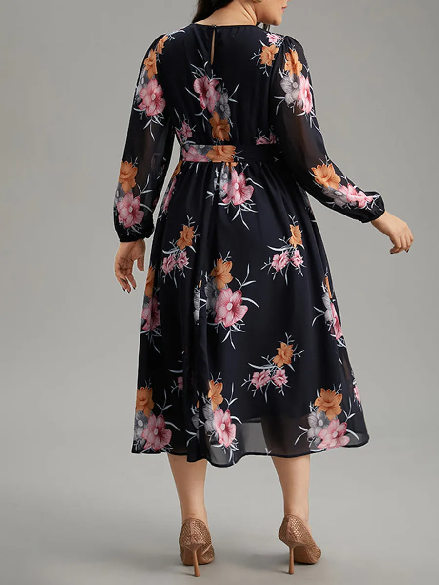 Elegant Senior Floral Waist Dress Midi Skirt