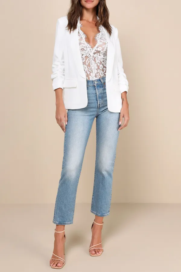 White Casual Style Ruched Blazer