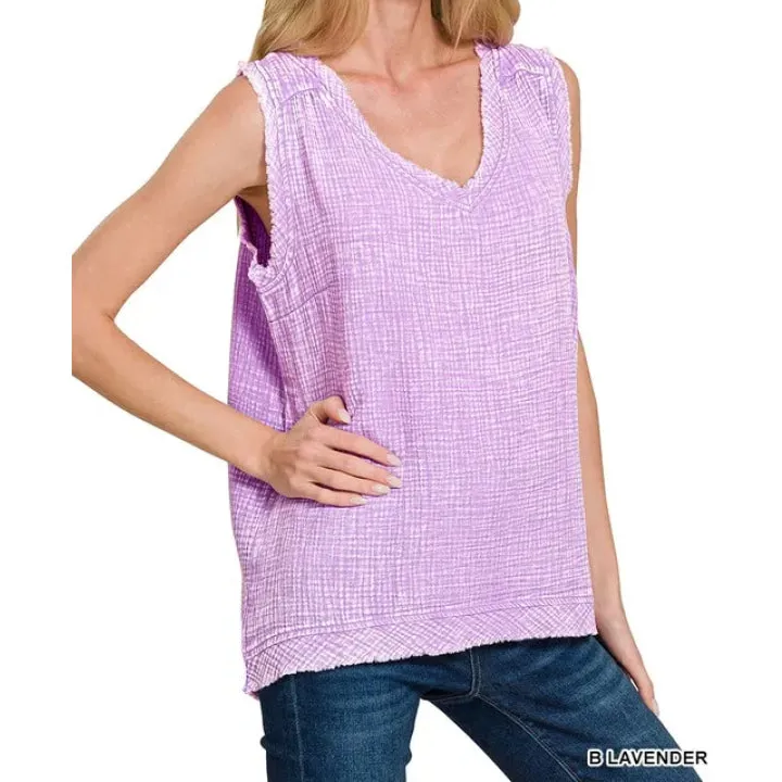 Double Gauze Raw Edge Acid Washed Tank