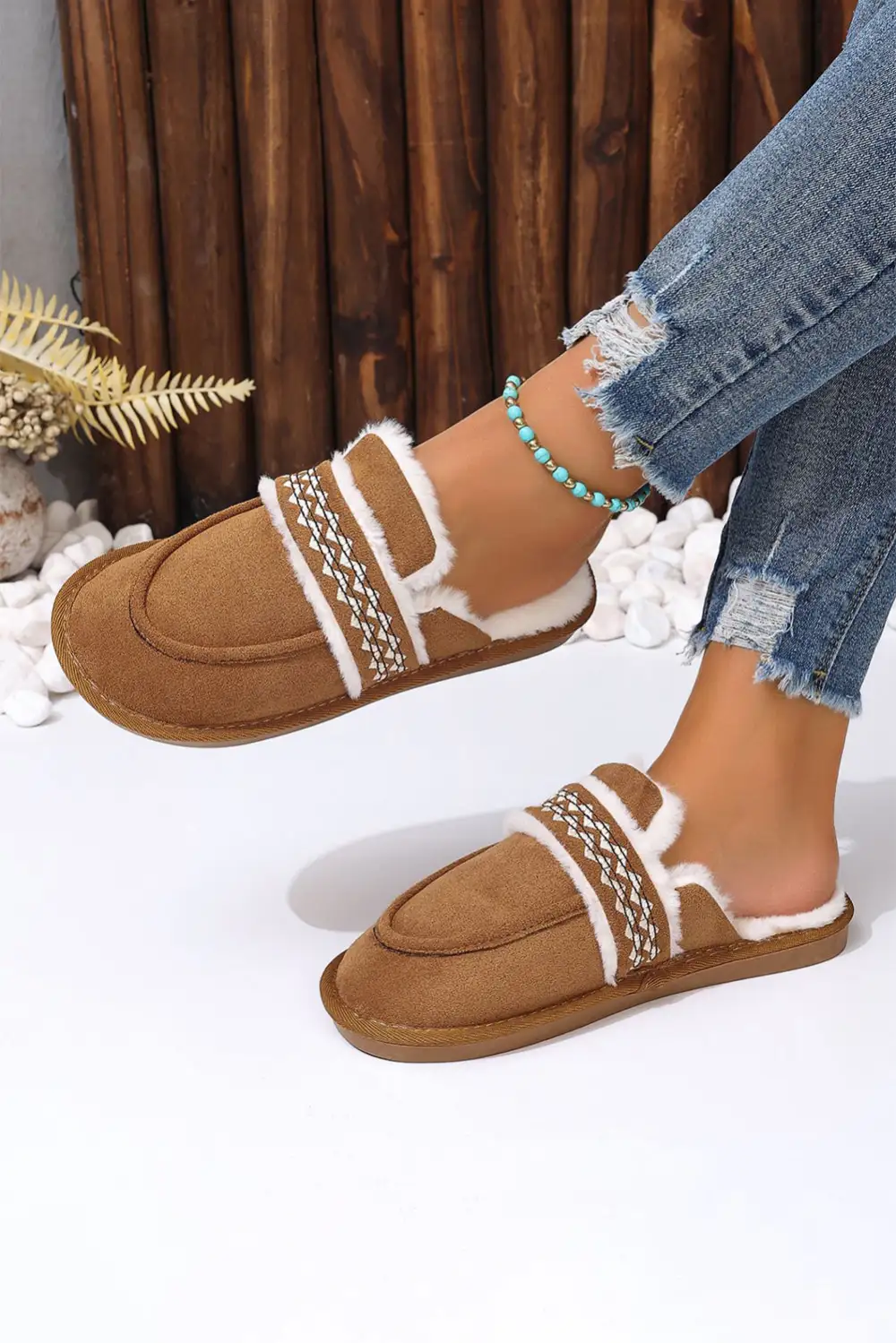 Suede Wavy Striped Plush Lined Home Slide Slippers