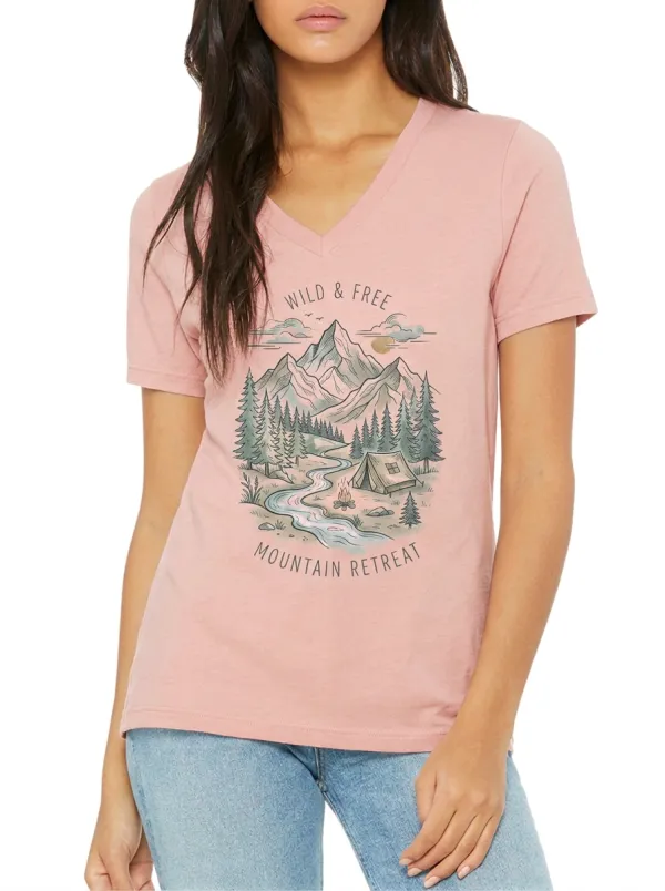 Women's Camping Lover Mountain Forest Printed V-Neck T-Shirt
