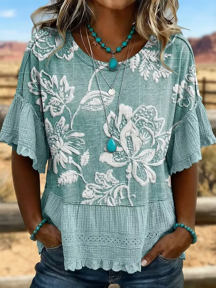 Women'S Retro Western Flower Art Printed Splicing T-Shirt
