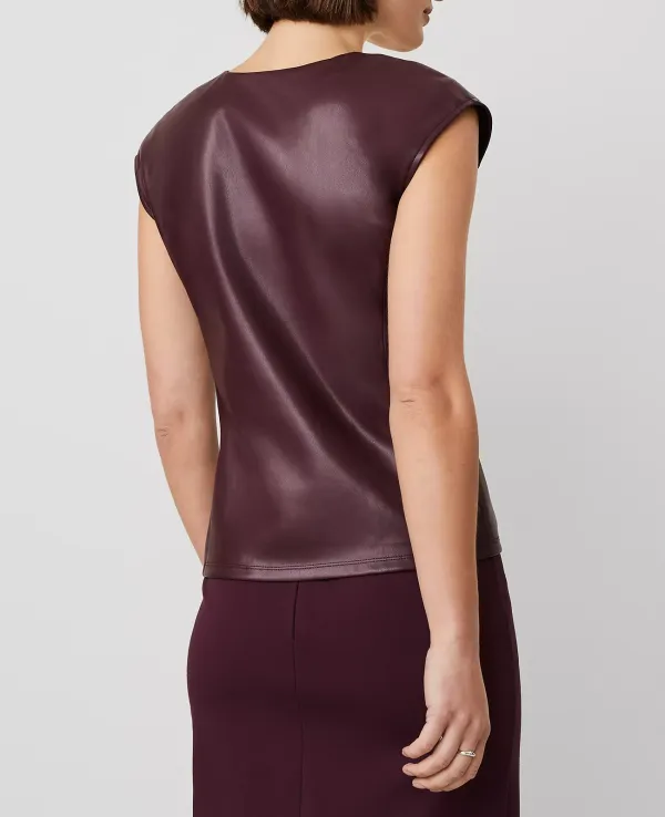 Faux Leather V-Neck Cap Sleeve Top