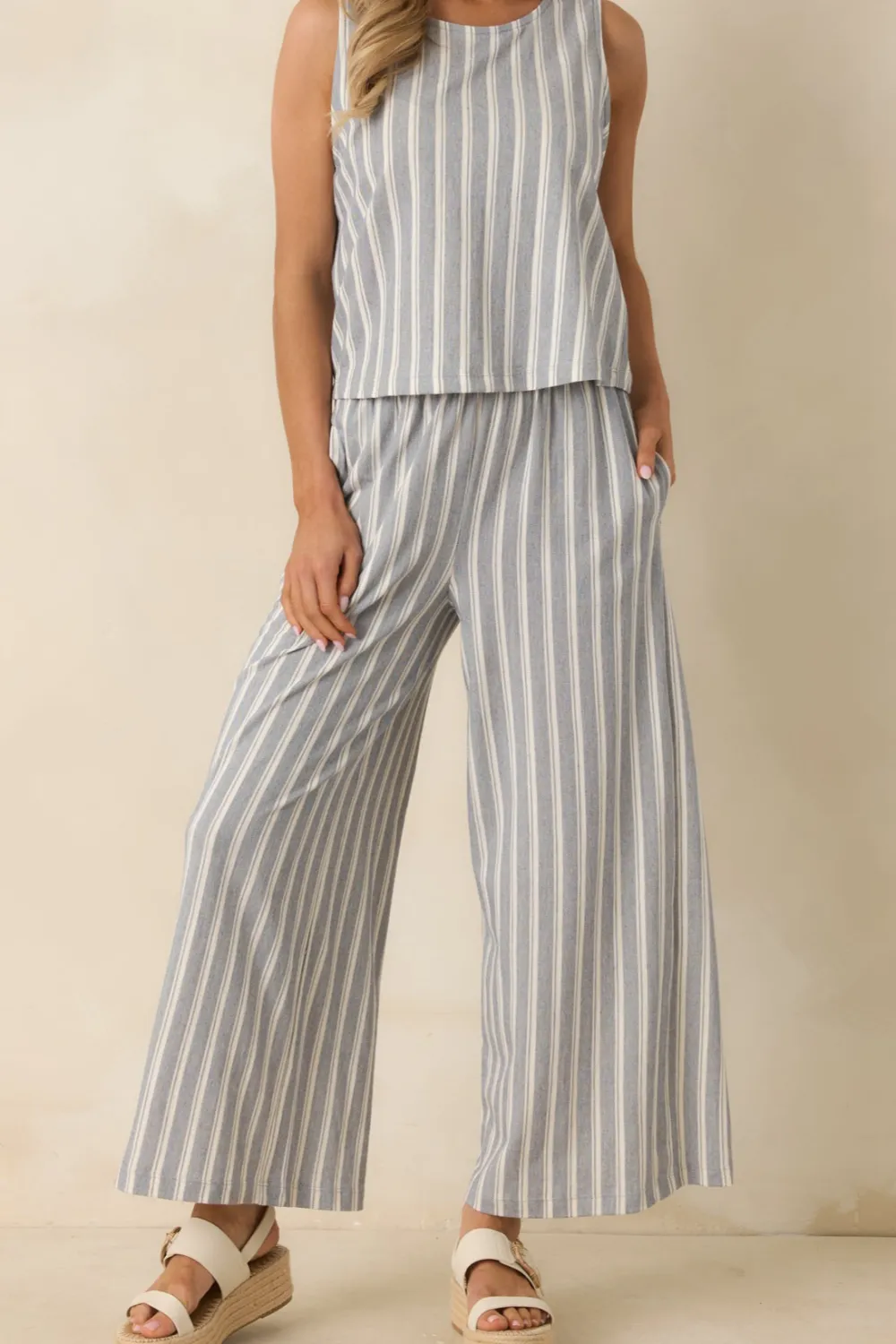 Cotton Knit Stripe Wide Leg Pants