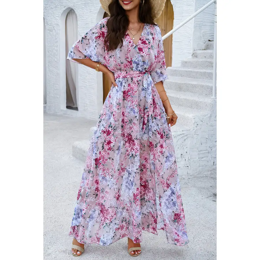 Printed Tied Half Sleeve Slit Dress