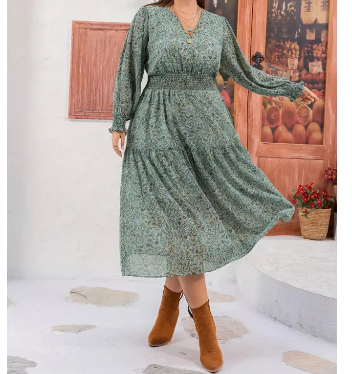 Plus Size V-Neck Long Sleeve Midi Dress
