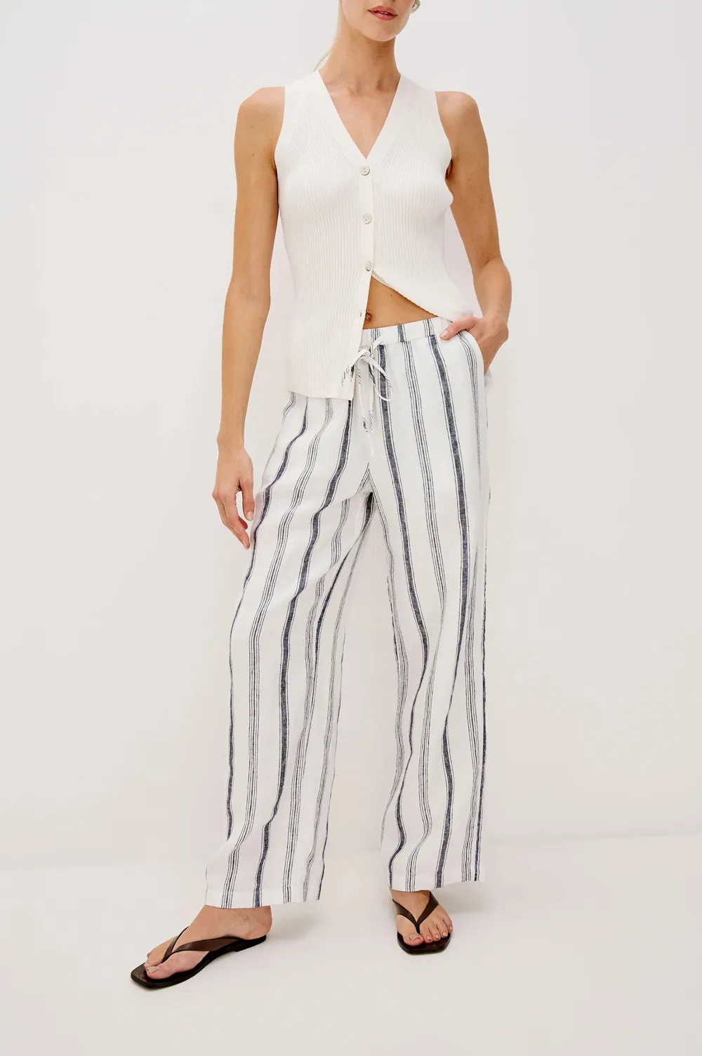 Fine-Striped Linen Wide-Leg Pants