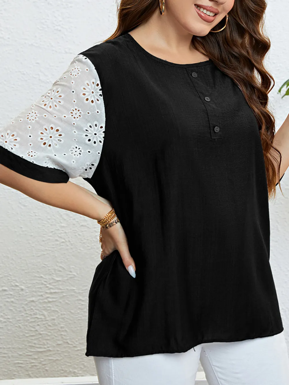 Women Casual Large Size Top With Patchwork Sleeves