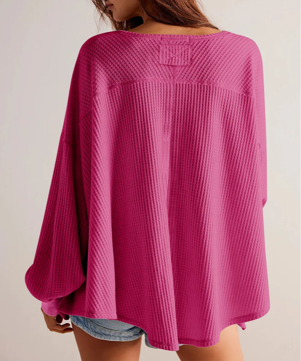 Bright Pink Waffle V Neck Long Sleeve Drop Shoulder Loose Blouse