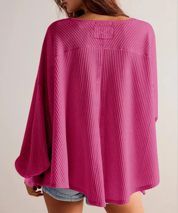 Bright Pink Waffle V Neck Long Sleeve Drop Shoulder Loose Blouse