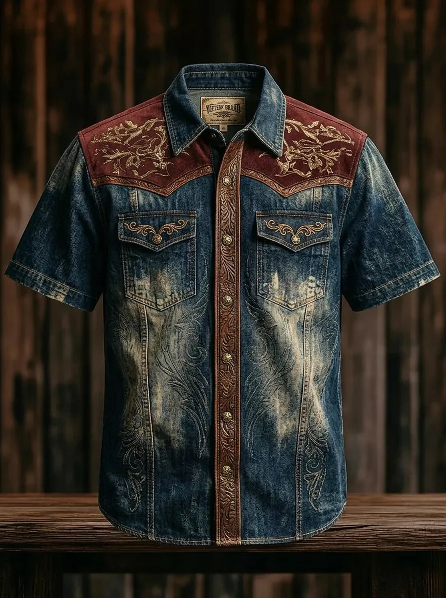 Men's Western Cowboy Floral Embroidered Denim Printed Shirt