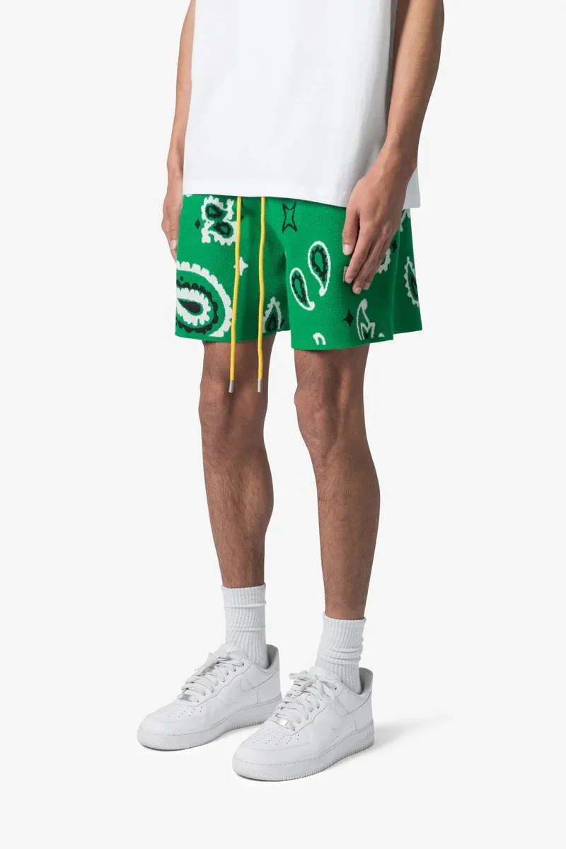 GREEN PAISLEY PRINTED KNIT SHORTS