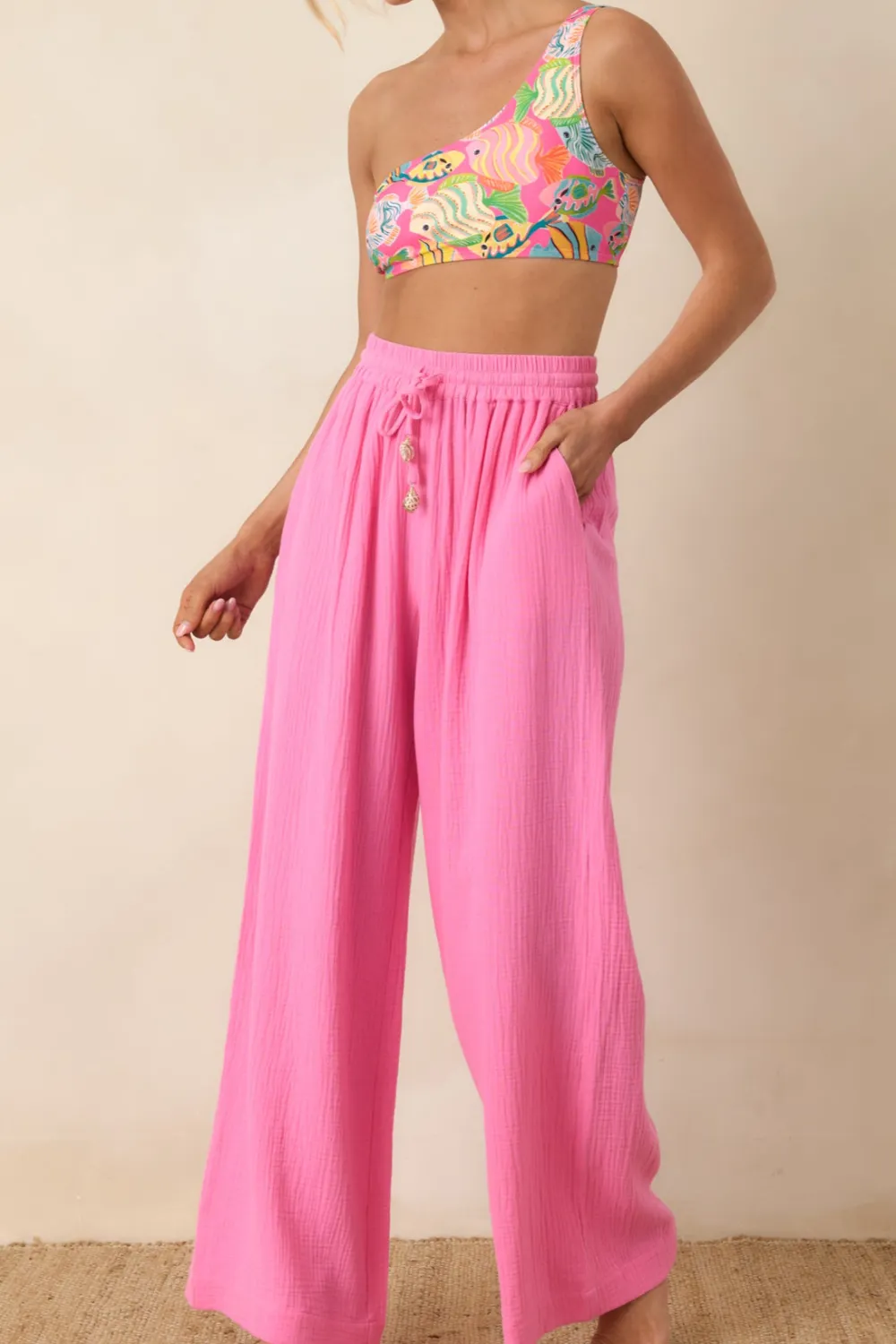Cotton Wide Leg Drawstring Pants