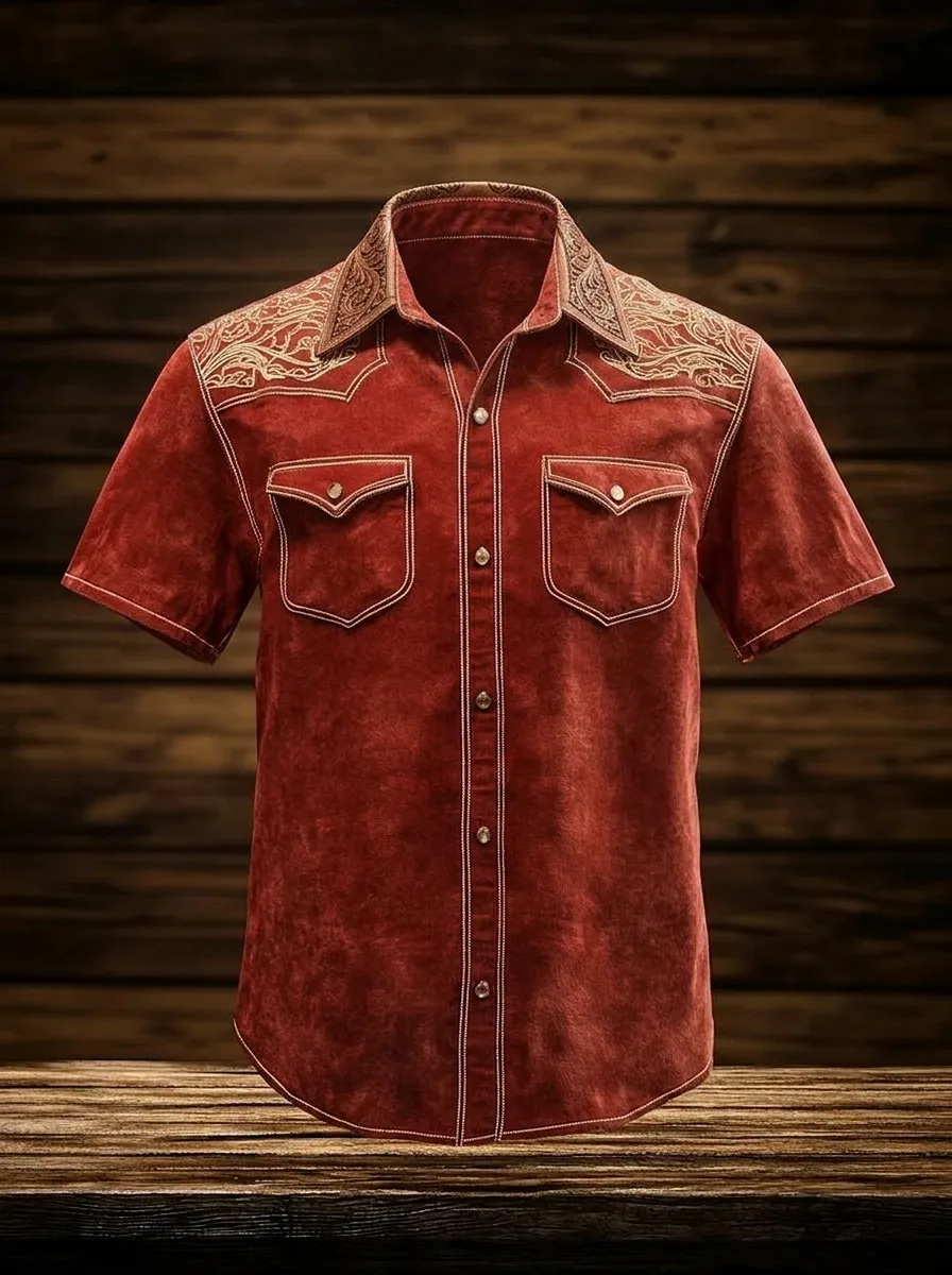 Men's Western Style Floral Embroidery Printed Shirt
