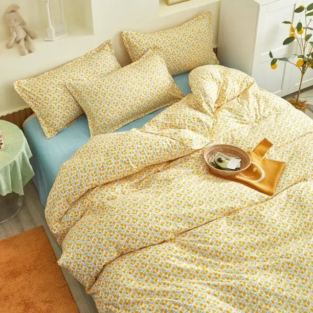 (Store Closing Sale) Flower Duvet Cover Bedding Set Peach Daisy Pastoral style Flat Bed Sheet