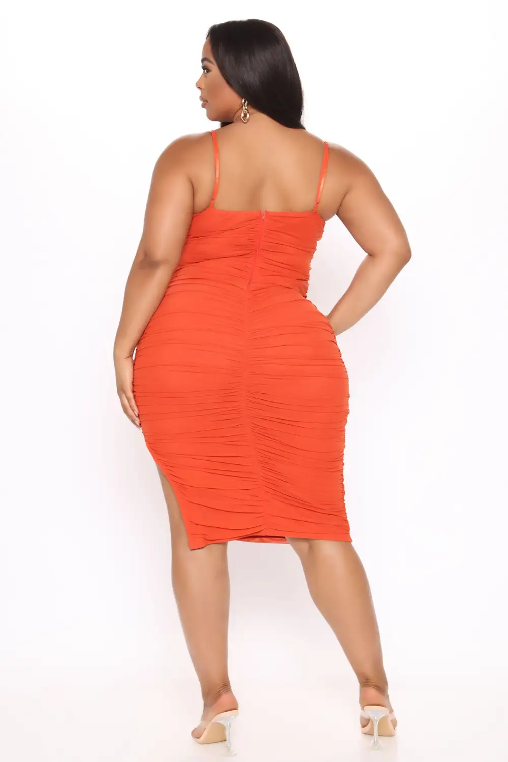 Night Sensation Ruched Midi Dress - Rust