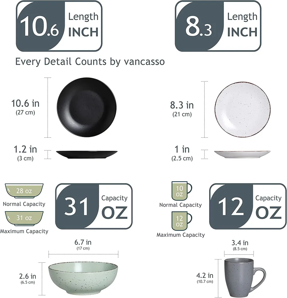 vancasso Navia Ceramic Dinnerware Set, 48 pieces Set of 12 Stoneware Spray Spot Patterned Service Dish with Dinner Plates, Salad Plates, Bowls, Mugs - Grey