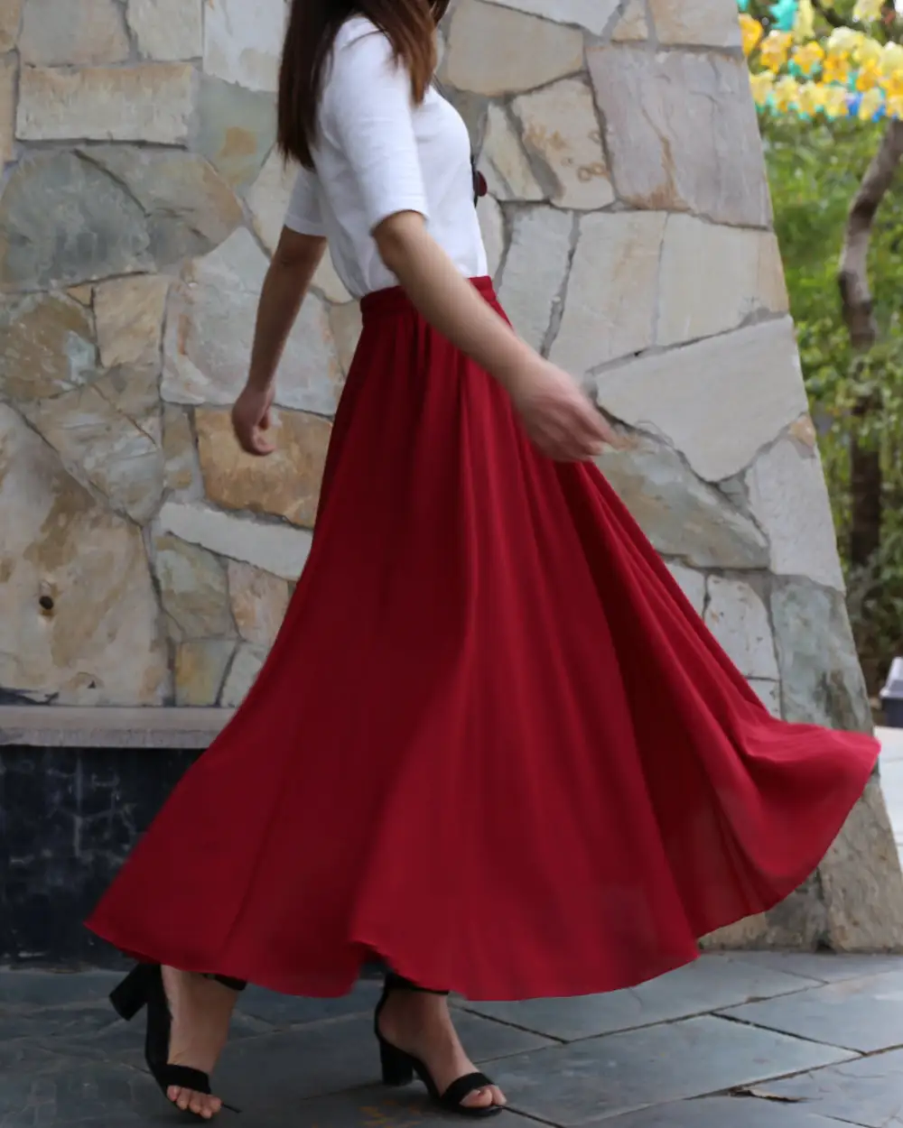 Airy Elastic Waist Chiffon A Line Maxi Skirt
