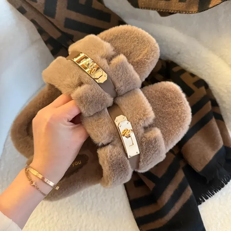 Flat Fuzzy Slide Slippers Open Toe Plush Cotton Outdoor Slippers