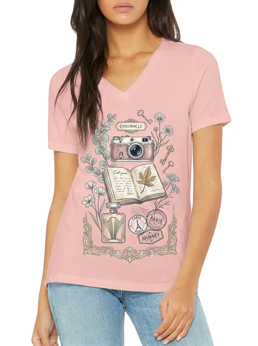 Women's Travel Lover Paris Camera Book Printed V-neck T-shirt