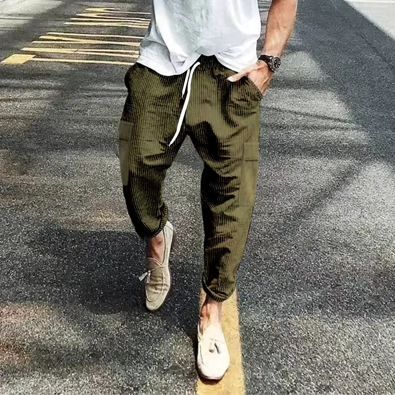 Men's Corduroy Cargo Pants Waistband Pockets Leg Cargo Pants