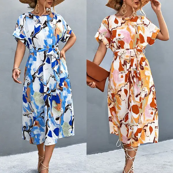 Women Print Round Neck Neck Short Sleeve Dress