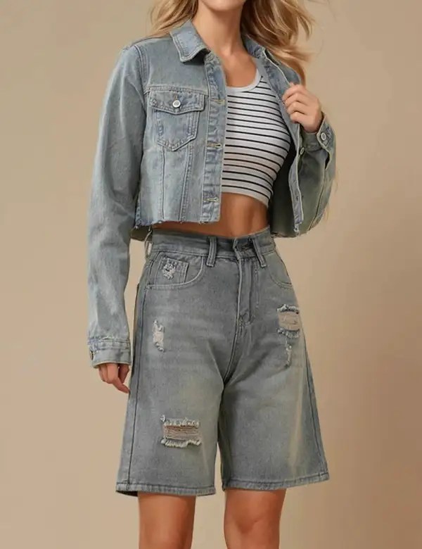 Destressed Button Denim Jacket Crop Jacket