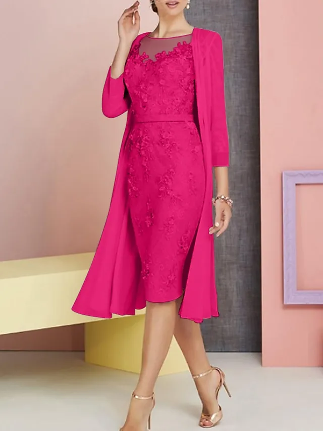 Two Piece Sheath Mother of the Bride Dress Pink Wedding Guest Church Elegant Vintage Plus Size Bateau Neck Knee Length Chiffon Lace 3/4 Length Sleeve Jacket Dresses with Appliques 2024