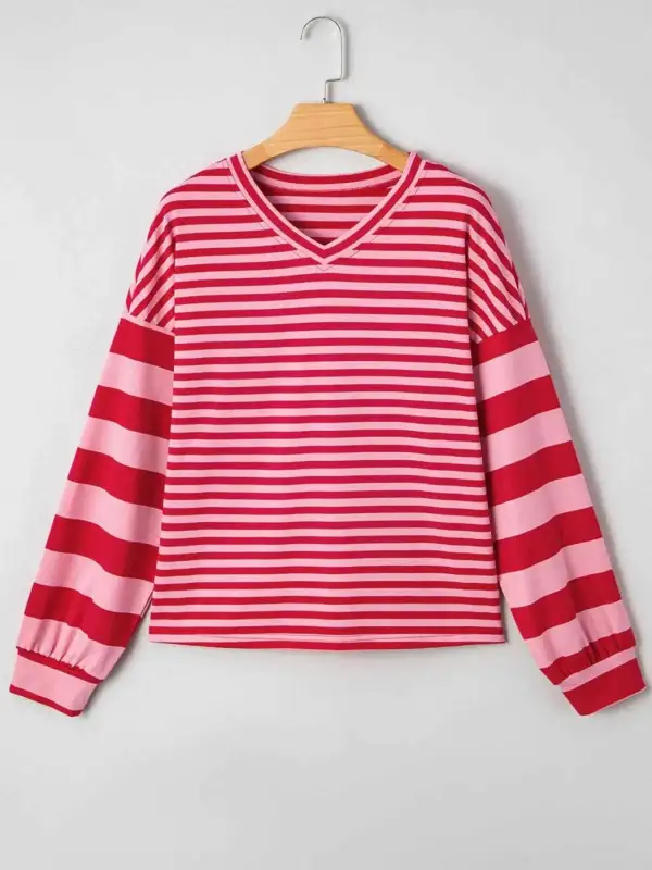 Contrast Striped Drop Shoulder V Neck Top T-Shirt