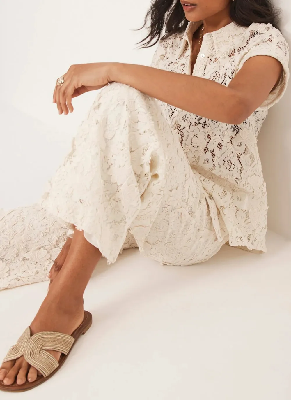 Casual Style Cream Lace Wide Trousers