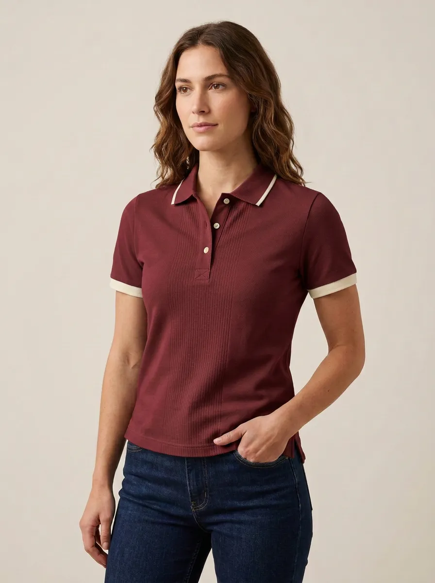 Women's Everyday Ribbed-Knit Ribbed Contrast-Trim Polo Shirt