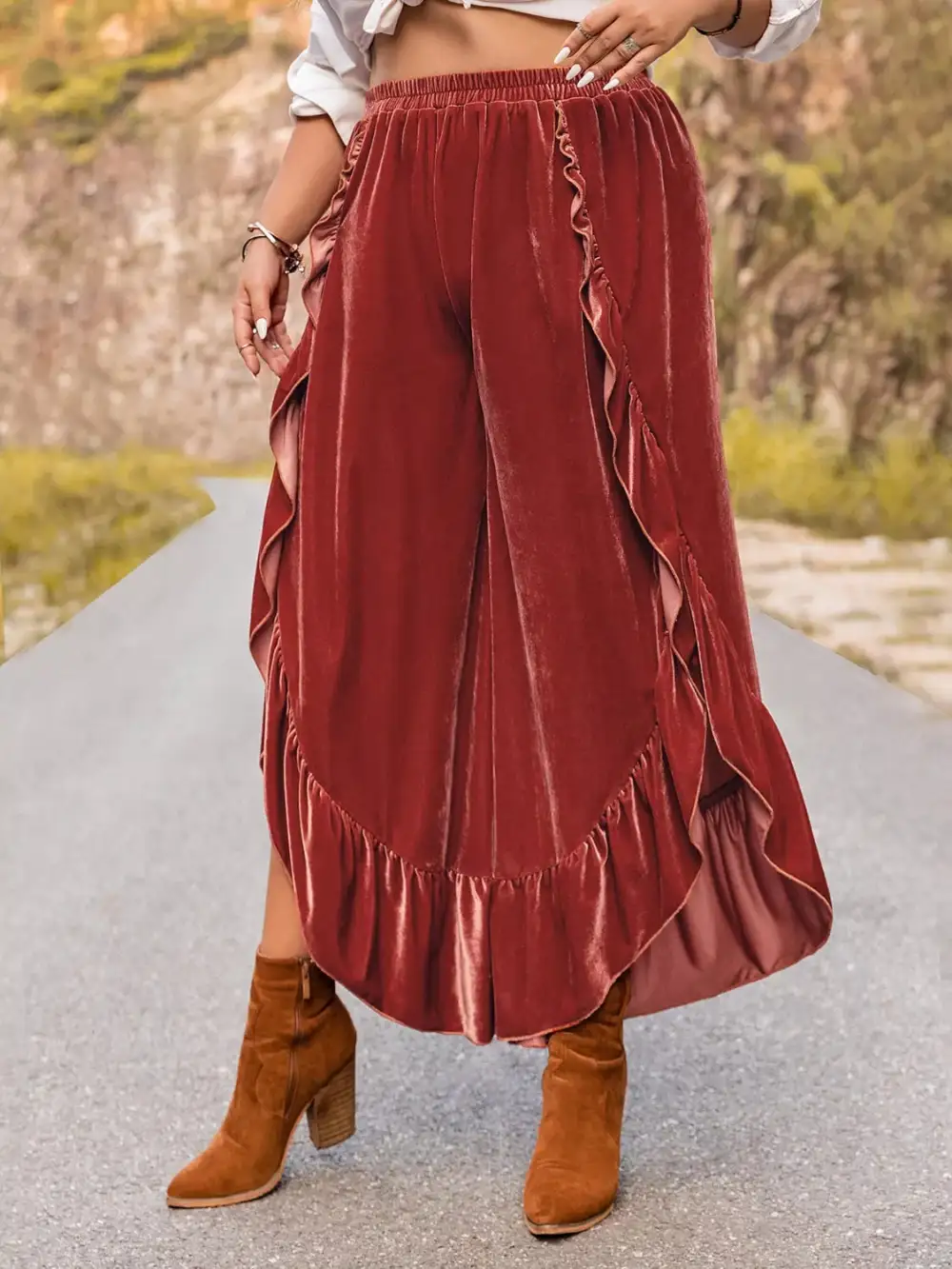 Everyday Velvet Ruffle Hem Wide Leg Pants