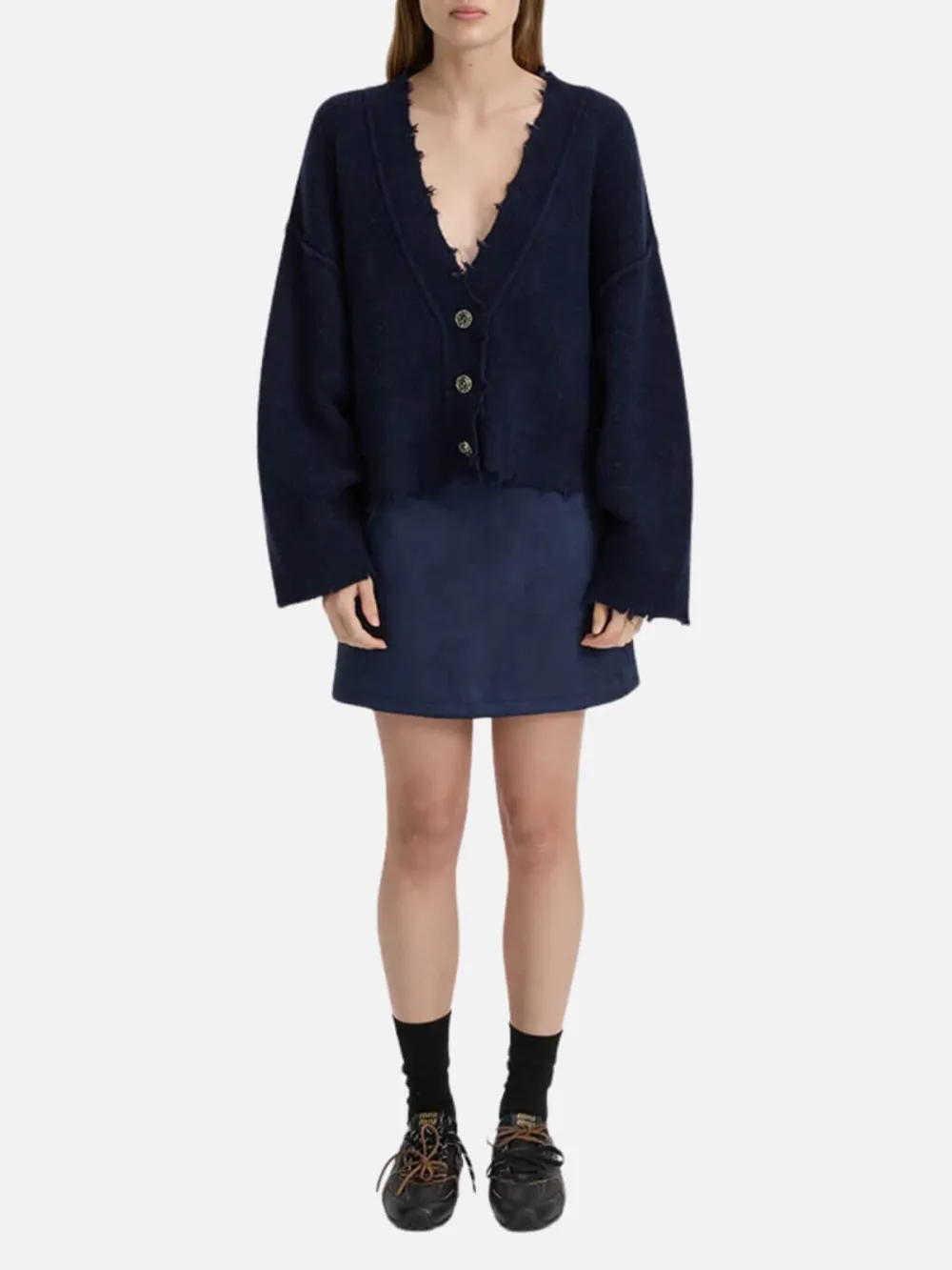Drop Shoulder Long Sleeve Cardigan-Navy