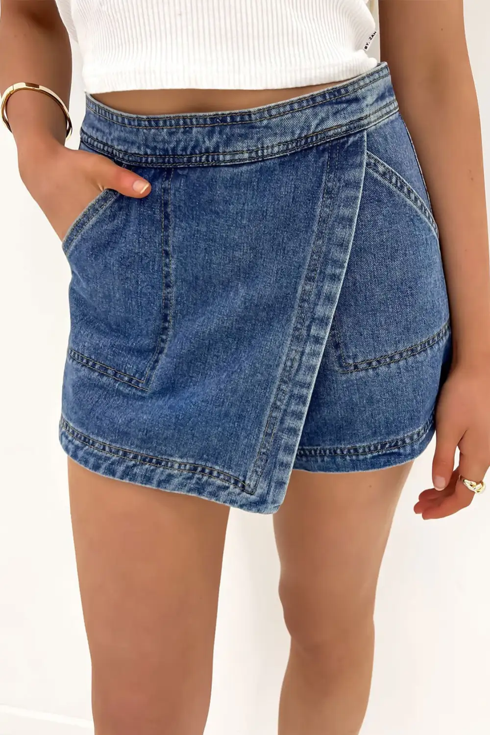 Faux Wrapped Mini Denim Skort Denim Shorts
