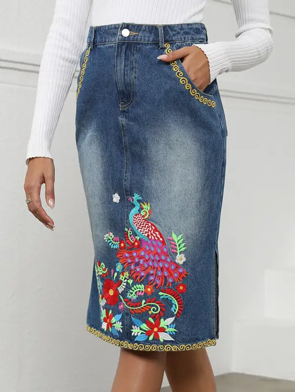 Embroidered Denim Midi Skirt