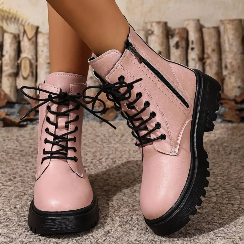 Textured Lace-Up Ankle Combat Boots