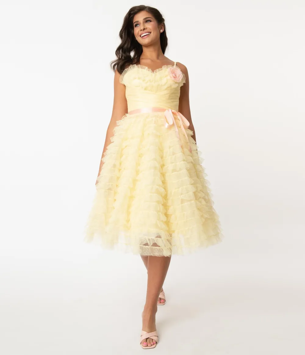 Unique Vintage 1950s Yellow Tulle Cupcake Swing Dress