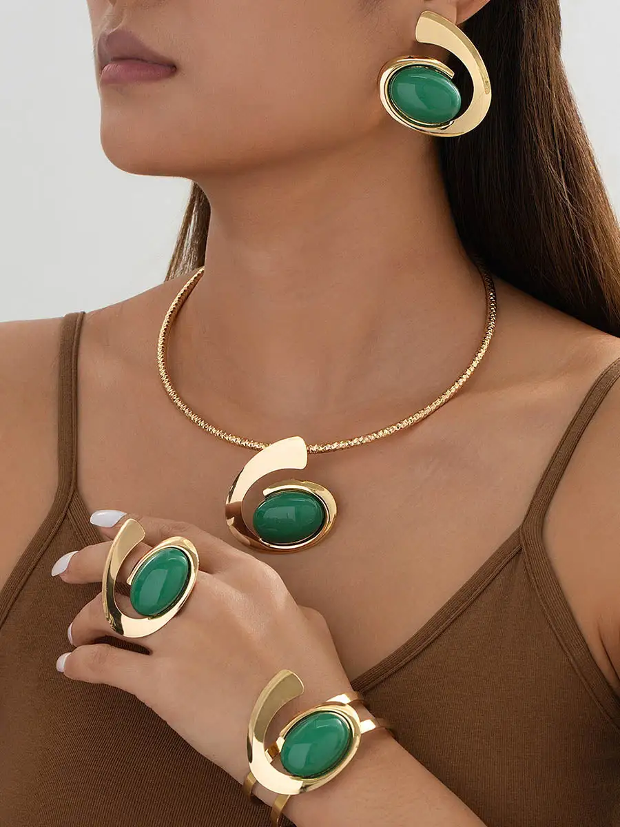 Geometric Jewelry Alloy Necklace And Ring Set